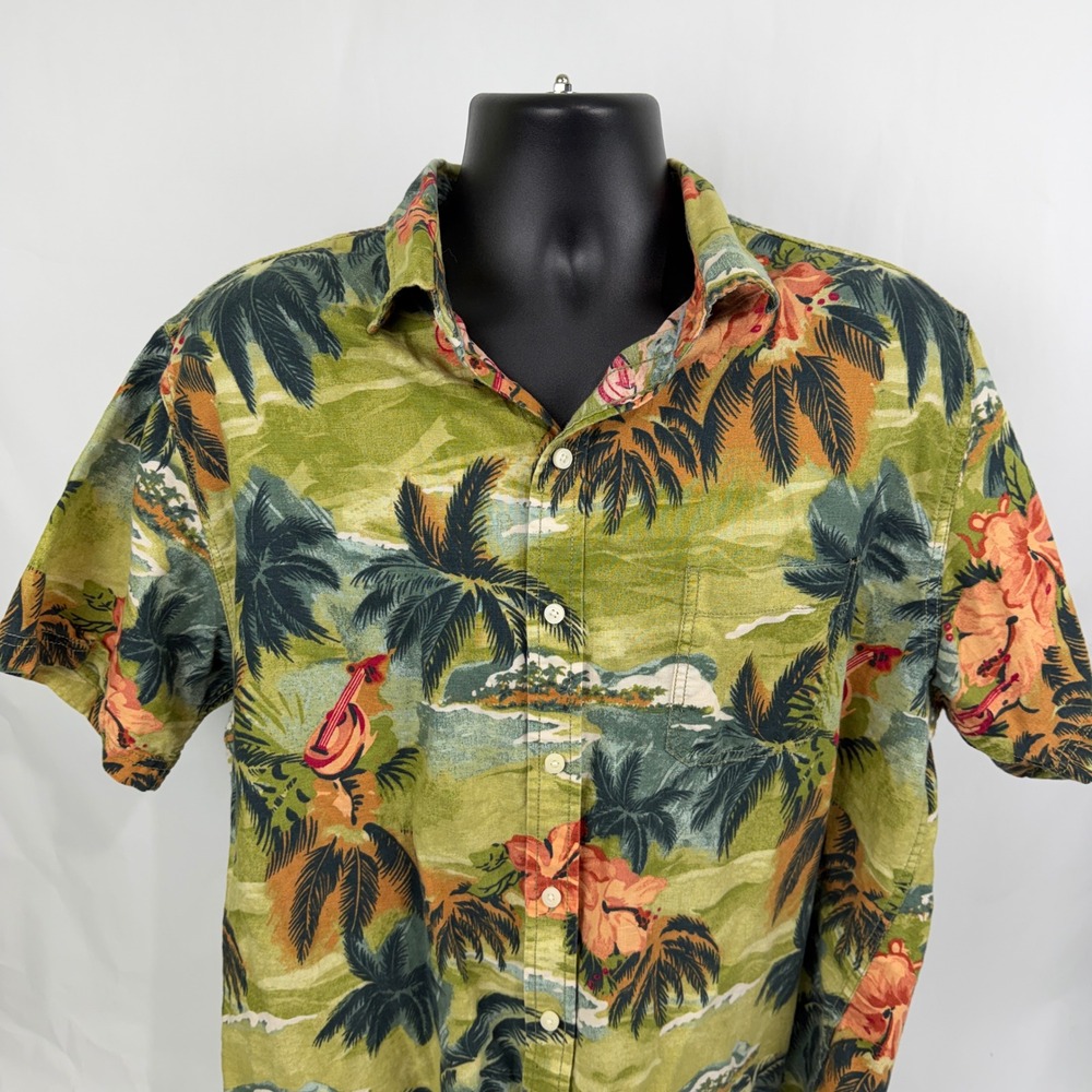 Caribbean Blues Mens XL Tropical Hawaiian Shirt Palm Tree Hibiscus Print Linen - Picture 2 of 8